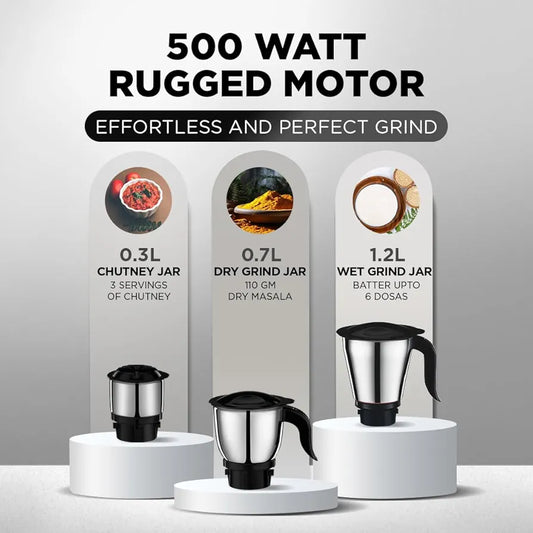 Preethi Tiara Mixer Grinder for Kitchen | 500 Watt Mixie | 3 Stainless Steel Jars | Grey & Black