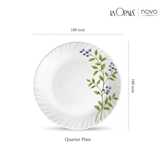 La Opala Novo Collection Opal Glass Crockery | Quarter Plate Set of 6 | Lush Greens Design | Plates for Snacking & Gifting | Microwave Safe | 100% Vegetarian | Extra Strong | Super Light & White