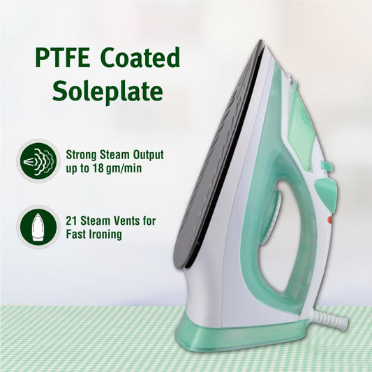 Usha 3816 1600W Steam Iron with Shock Proof Body | Teflon Coated Soleplate | Powerful Steam Output upto18gm/min | 280ml Water Tank Capacity | Overheat Safety Shutoff | 2 Years Warranty|(Green & White)