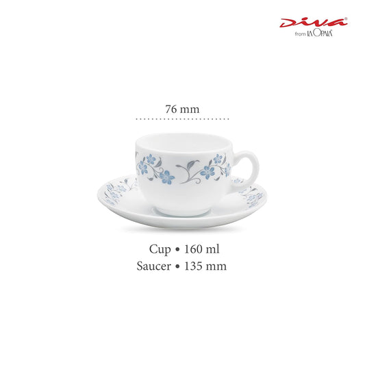La Opala Diva, Opal Glass Crockery | Cup & Saucer Iris Regular, Set of 12 | Grace Blue, 160 ml | for Tea & Coffee | Microwave Safe | 100% Vegetarian | Extra Strong | Super Light | Super White
