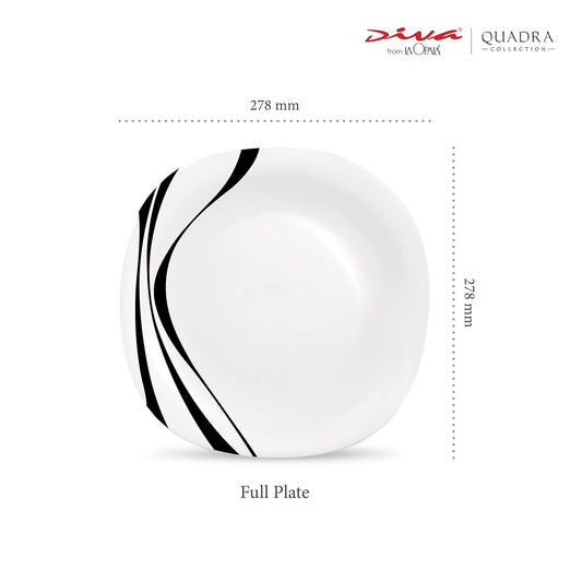 La Opala Diva Quadra Collection Opal Glass Crockery | Full Plate Set of 6 Midnight Black | Square Dinner Plate for Dining & Gifting | Microwave Safe | 100% Vegetarian | Extra Strong | Light & White