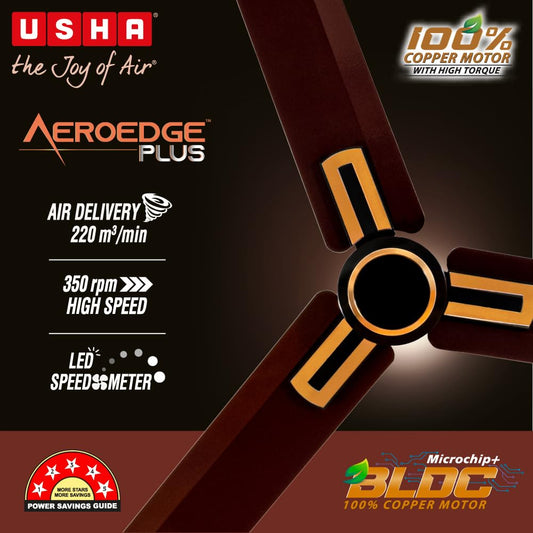 USHA AeroEdge Plus 1200mm BLDC Ceiling Fan with IR Remote | LED Indicator | BEE 5 Star Rated Energy Efficient | 100% Copper Motor | High Air Delivery 220CMM | 2 Year Warranty | (Brown)