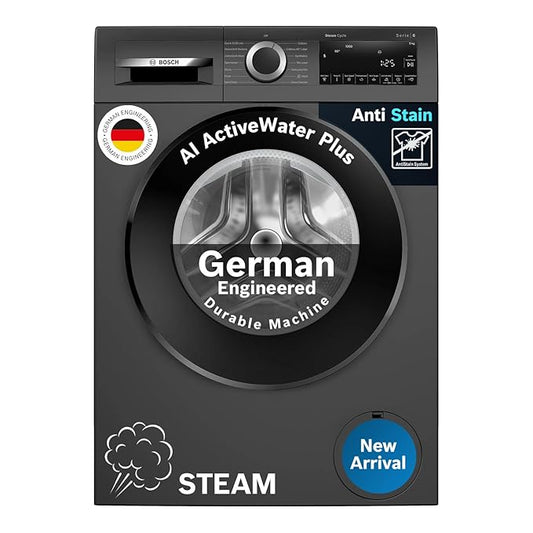 Bosch 9kg 5 Star Anti Stain & AI Active Water Plus Fully Automatic Front Load Washing Machine with Built in Heater (WGA1420TIN, Pretreatment & Steam with Anti Bacteria and 5 Star Inverter, Black Grey)