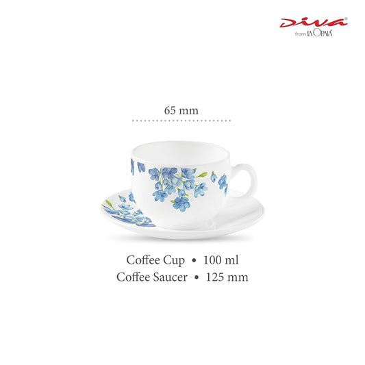 La Opala Diva, Opal Glass Crockery | Coffee Cup & Saucer Iris, Set of 12 | Aster Blue, 100 ml | for Tea & Coffee | Microwave Safe | 100% Vegetarian | Extra Strong | Super Light | Super White
