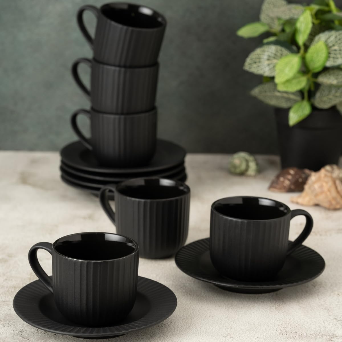 Clay Craft Fine Ceramic Linea Mustard Cups & Saucer, Set of 12, Cups for Tea & Coffee, Gift Set, Elegant Design for Home and Kitchen and Can Be Gifted to Your Loved Ones On Any Occassions
