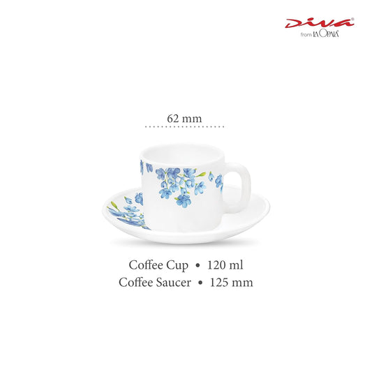 La Opala Diva, Opal Glass Crockery | Coffee Cup & Saucer Cylinder, Set of 12 | Aster Blue, 120 ml | for Tea & Coffee | Microwave Safe | 100% Vegetarian | Extra Strong | Super Light | Super White