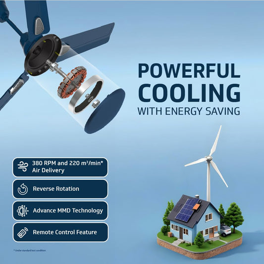 V-Guard Windle Deco BLDC Ceiling Fan for Home | BEE 5 Star Rating | Remote Control | 380 RPM | 1.2 meters | 2-Year Coverage | Admiral Blue