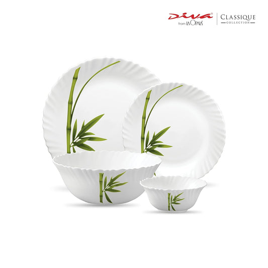 La Opala Diva Classique Collection Opal Glass Crockery | for Family of 6 | Dinner Set 19 pcs Fluted Green | Plates & Bowls for Dining | Microwave Safe | 100% Vegetarian | Extra Strong | White