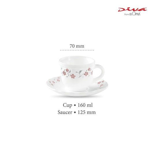 La Opala Diva, Opal Glass Crockery | Cup & Saucer Tulip Regular, Set of 12 | Grace Red, 160 ml | for Tea & Coffee | Microwave Safe | 100% Vegetarian | Extra Strong | Super Light | Super White