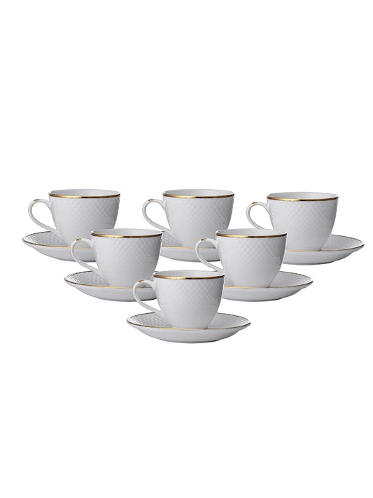 Clay Craft Fine Ceramic 22k Gold Line Cup & Saucer Set of 12 (6 Cups + 6 Saucers) - 180 ml Each (Cup Diamond)