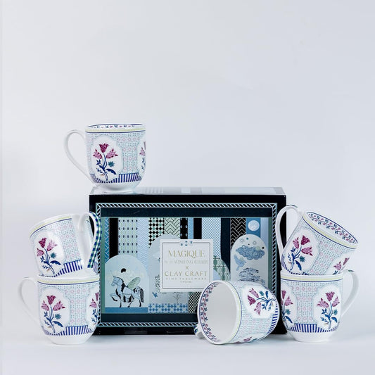 Magique by The Wishing Chair x ClayCraft : Bouquet Tulip Garden Coffee Mugs Set of 6 – 250 ml Fine Ceramic Tea Cups | Lightweight Floral Bone China Mugs | Microwave & Dishwasher Safe | Daily Use