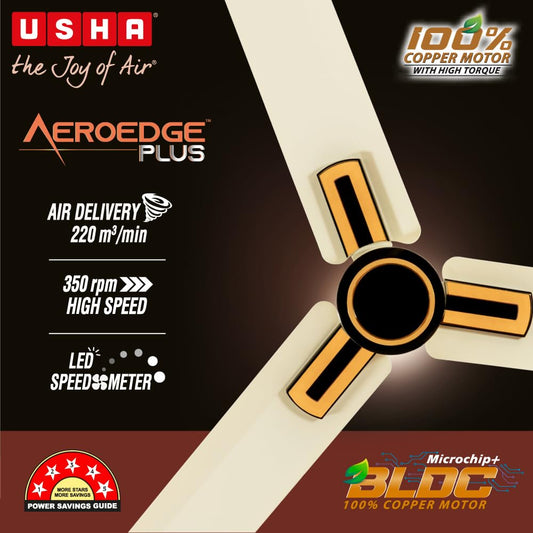 USHA AeroEdge Plus 1200mm BLDC Ceiling Fan with IR Remote | LED Indicator | BEE 5 Star Rated Energy Efficient | 100% Copper Motor | High Air Delivery 220CMM | 2 Year Warranty | (Ivory)