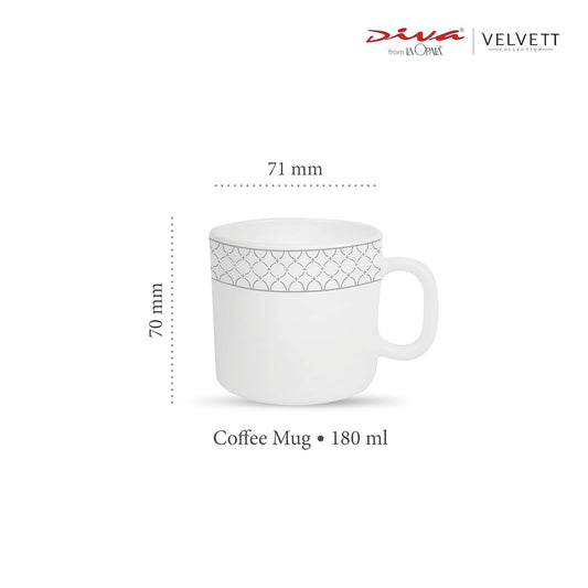 La Opala Diva, Velvett Collection Opal Glass Crockery | Coffee Mug Regular, Set of 6 | Pearl Grey, 190 ml | for Tea & Coffee | Microwave Safe | 100% Vegetarian | Extra Strong | Super Light & White