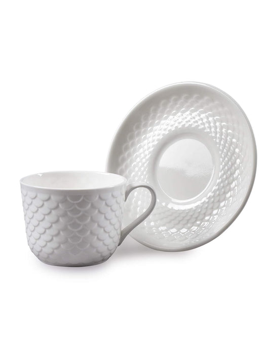 Clay Craft Basics Ripple Style White Plain Cup & Saucer Set of 12 Pcs- 8 Ounce Specialty Tea Drinks,Coffee,Latte