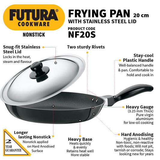 Hawkins Futura 20 cm Frying Pan, Non Stick Fry Pan with Stainless Steel Lid, Small Frying Pan, Black (NF20S)