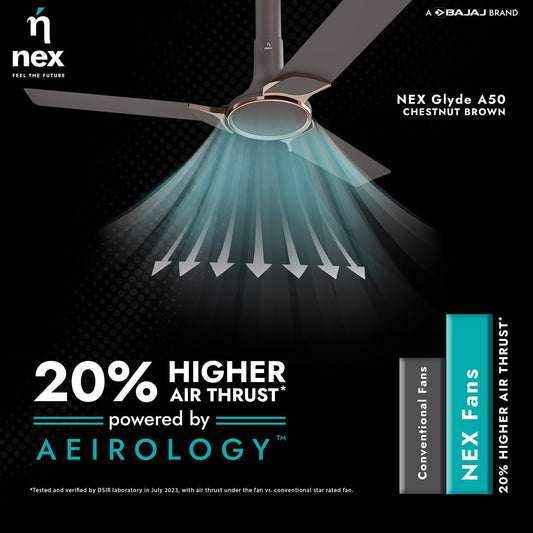 NNEX by BAJAJ Glyde A50 1200 MM | BEE 4 Star Rated Premium Ceiling Fan | 20% Higher Air Thrust* | Airfluence™ Al Blades | Adjustable Downrod | 2-Yr Warranty 【Chestnut Brown】
