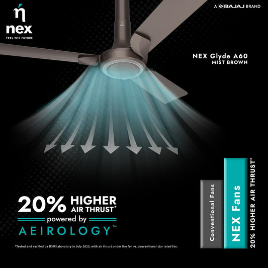 NNEX by BAJAJ Glyde A60 1200 MM | BEE 2 Star Rated Premium Ceiling Fan | 20% Higher Air Thrust* | Airfluence™ Al Blades | Adjustable Downrod | 2-Yr Warranty 【Mist Brown】