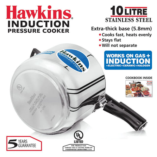 Hawkins Stainless Steel 10L Inner Lid Pressure Cooker Induction Compatible, 10 Liter