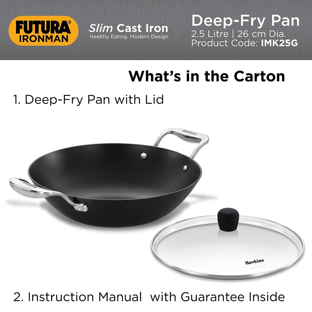 Hawkins Futura Ironman Slim Cast Iron 2.5 Litre Kadhai with Glass Lid | Lightweight, Durable & Even-Heating Deep-Fry Pan | Kadai Ideal for curries, Frying, Gravies, Snacks | Black (IMK25G)