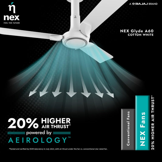 NNEX by BAJAJ Glyde A60 1200 MM | BEE 2 Star Rated Premium Ceiling Fan | 20% Higher Air Thrust* | Airfluence™ Al Blades | Adjustable Downrod | 2-Yr Warranty 【Cotton White】
