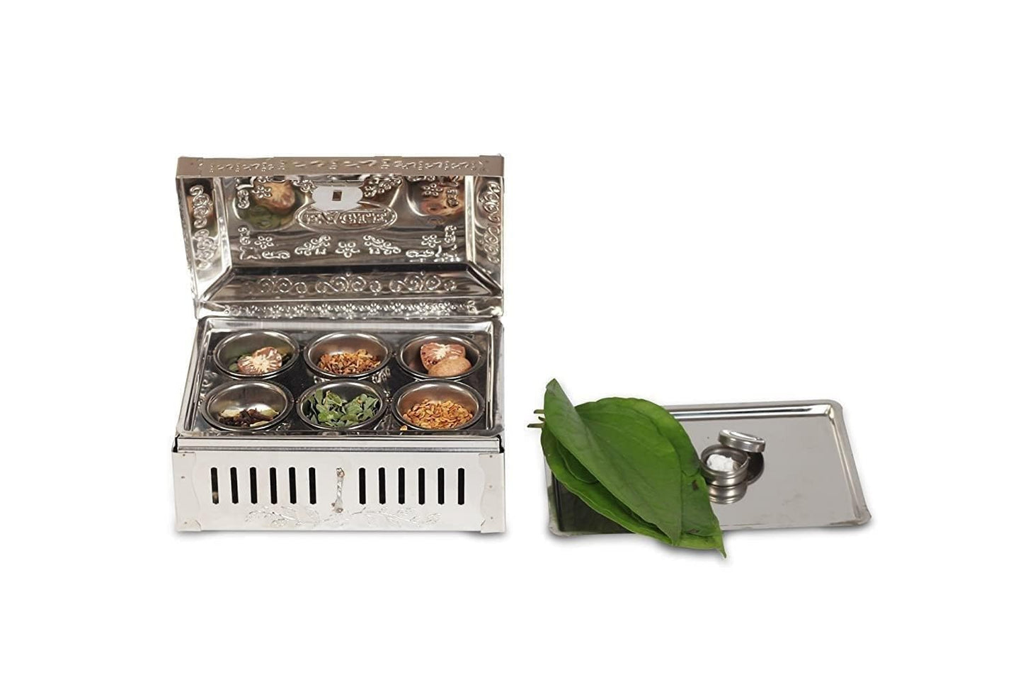 Dynore Premium Stainless Steel Pandan/Pan Masala Box with 6 Compartments | Multi-Purpose Storage for Mouth Freshener, Spices & Dry Fruits, 16x11.5x7 cm, Set Of -1 Pc