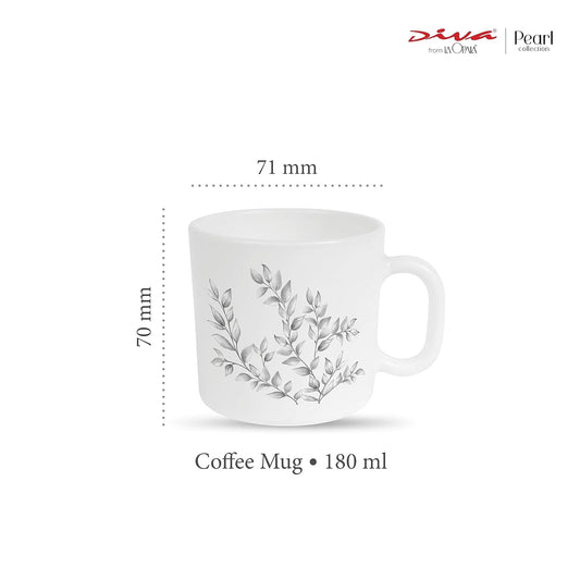 La Opala Diva, Pearl Collection Opal Glass Crockery | Coffee Mug Regular, Set of 6 | Dusky Vines, 190 ml | for Tea & Coffee | Microwave Safe | 100% Vegetarian | Extra Strong | Super Light & White