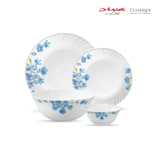 La Opala Diva Classique Collection Opal Glass Crockery | for Family of 6 | Dinner Set 19 pcs Aster Blue | Plates & Bowls for Dining | Microwave Safe | 100% Vegetarian | Extra Strong | White