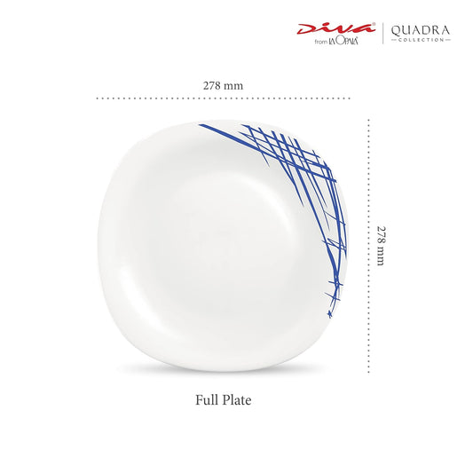 La Opala Diva Quadra Collection Opal Glass Crockery | Full Plate Set of 6 Belladonna | Square Dinner Plate for Dining & Gifting | Microwave Safe | 100% Vegetarian | Extra Strong | Light & White