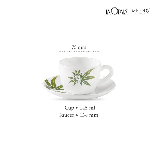 La Opala, Novo Collection Opal Glass Crockery | Cup & Saucer Lily, Set of 12 | Trinty Green, 150 ml | for Tea & Coffee | Microwave Safe | 100% Vegetarian | Extra Strong | Super Light | Super White
