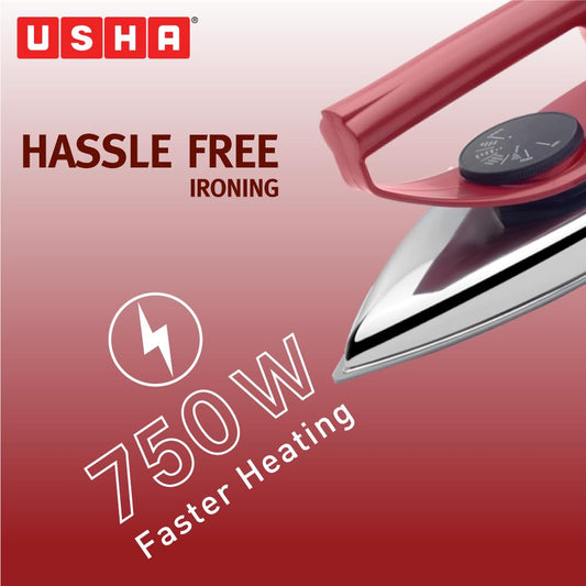 USHA EI 4175-M 750W ULTRA LIGHT WEIGHT ELECTRIC IRON WITH NON STICK PTFE COATED (BLACK WEILBURGER) SOLE PLATE, MAROON