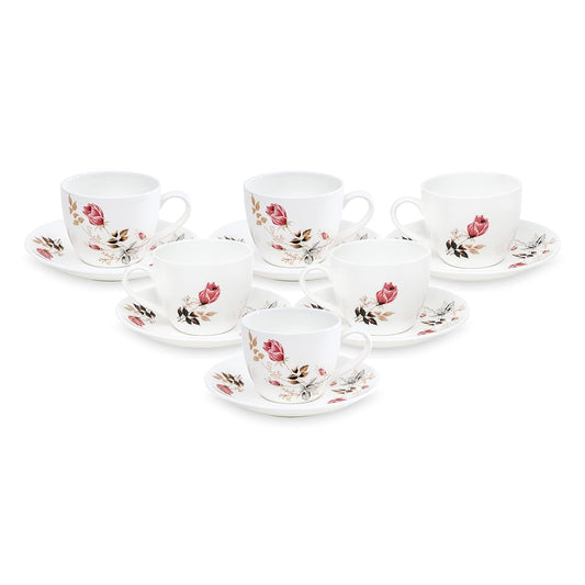 Clay Craft Fine Ceramic | Floral Printed | Tea/Coffee Cups - Set of 6-180 ml Each (Cup Saucer)