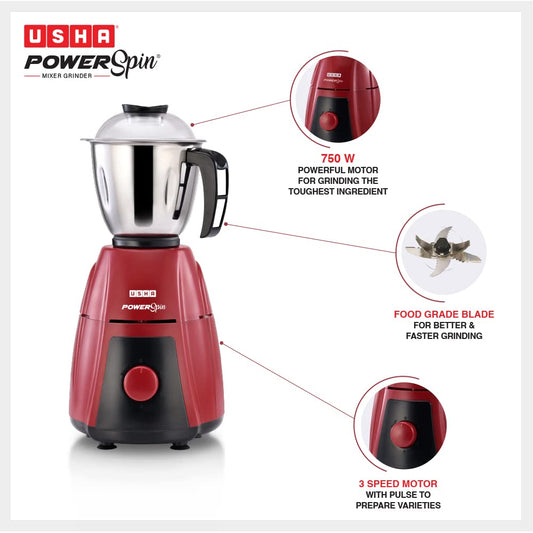 Usha Powerspin 750 Watt Mixer Grinder, 3 Stainless Steel Jars with handle (Maroon & Black) | Powerful 100% copper motor with 2 years Product Warranty & 5 Years Motor Warranty|ISI Certified