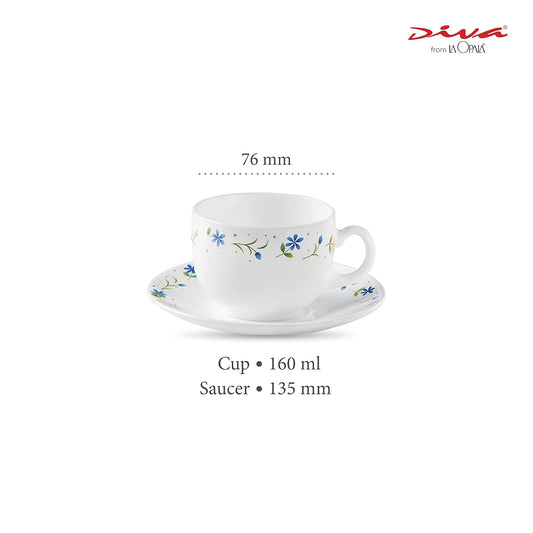 La Opala Diva, Opal Glass Crockery | Cup & Saucer Iris Regular, Set of 12 | Twilight Bouquet, 160 ml | for Tea & Coffee | Microwave Safe | 100% Vegetarian | Extra Strong | Super Light | Super White