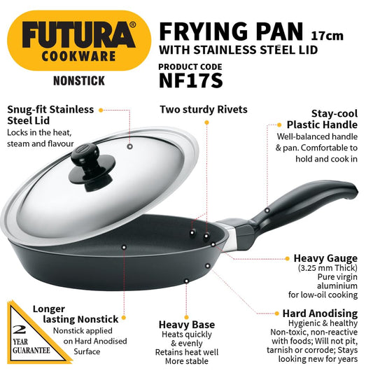Hawkins Futura 17 cm Frying Pan, Non Stick Fry Pan with Stainless Steel Lid, Small Frying Pan, Black (NF17S)