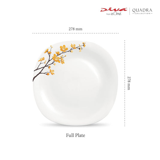 La Opala Diva Quadra Collection Opal Glass Crockery | Full Plate Set of 6 Summertide | Square Dinner Plate for Dining & Gifting | Microwave Safe | 100% Vegetarian | Extra Strong | Light & White
