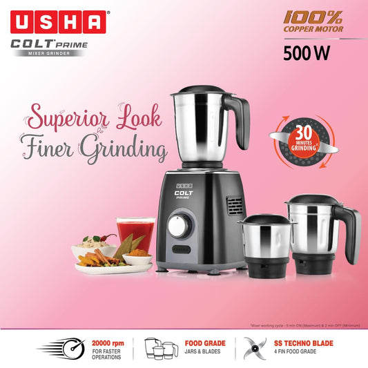 USHA Colt Prime Mixer Grinder| 500W| Powerful 100% Copper Motor| Rust Resistant Stainless Steel Jars & Blades| Uniform Grinding with 3 Jars| 5 Years Motor Warranty