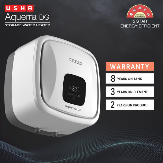 Usha Aquerra DG 25 Litre 5 Star Digital Storage Water Heater with Remote (White), Wall Mounting