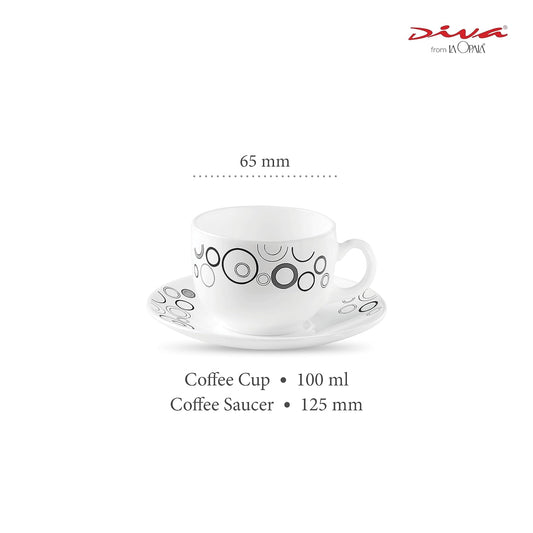 La Opala Diva, Opal Glass Crockery | Coffee Cup & Saucer Iris, Set of 12 | Misty Drops, 100 ml | for Tea & Coffee | Microwave Safe | 100% Vegetarian | Extra Strong | Super Light | Super White