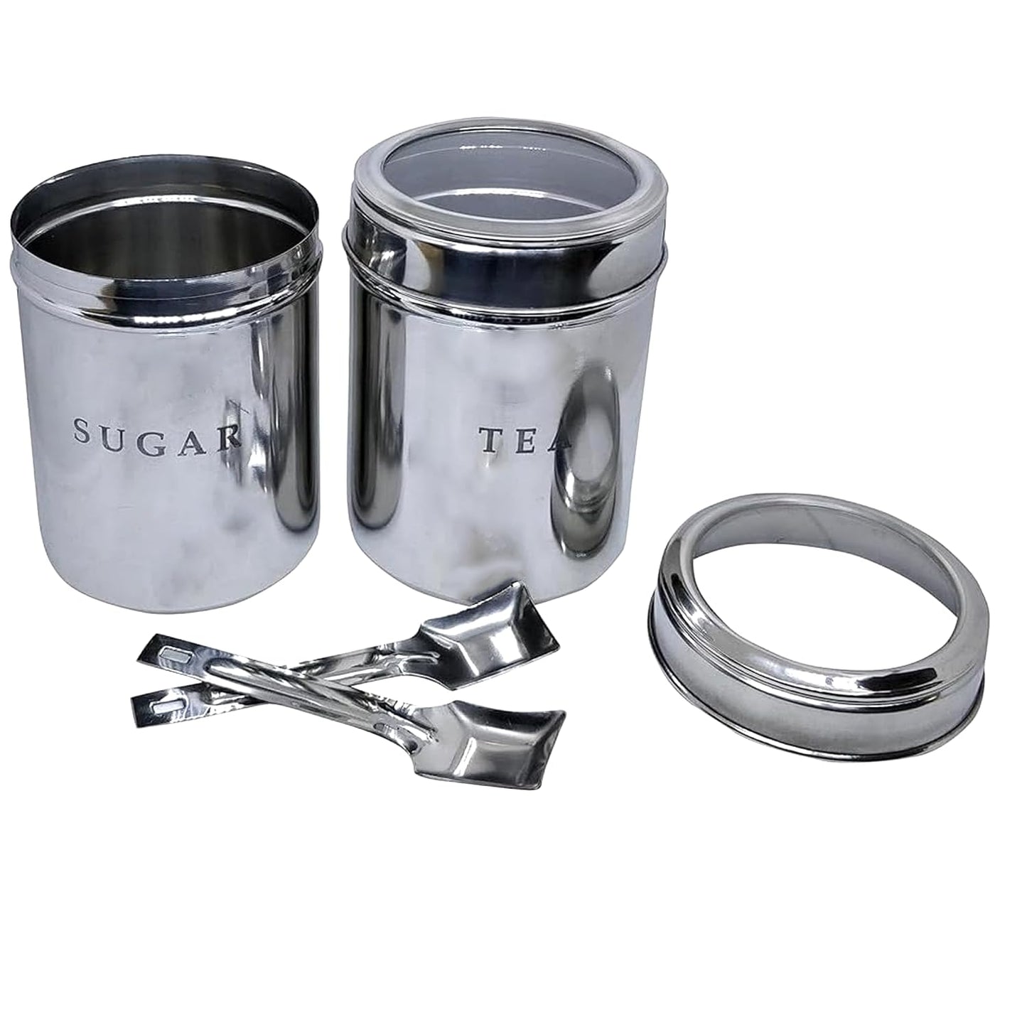 Dynore Stainless Steel Set of 2 Tea and Sugar See Through canisters lids with Spoons