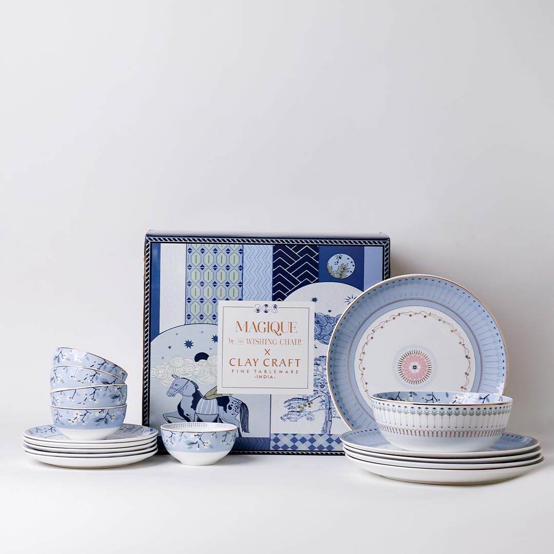 Magique by The Wishing Chair x ClayCraft : River of Flowers 20-Piece Ceramic Dinner Set with Gold | Floral Plates & Bowls | Elegant Glossy Finish | Perfect for Family Dinners | Festive Gifting