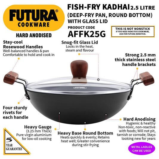 Hawkins Futura 2.5 Litre Fish Fry Kadhai, Hard Anodised Deep Fry Pan with Glass Lid, Round Bottom Kadai, Black (AFFK25G)
