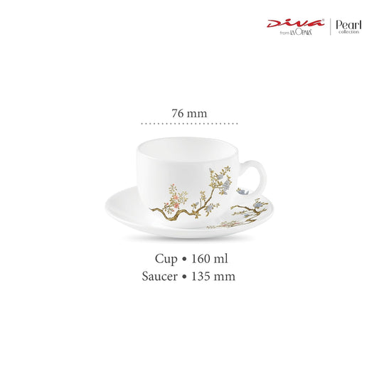 La Opala Diva, Pearl Collection Opal Glass Crockery | Cup & Saucer, Set of 12 | Zen Garden, 160 ml | for Tea & Coffee | Microwave Safe | 100% Vegetarian | Extra Strong | Super Light | Super White