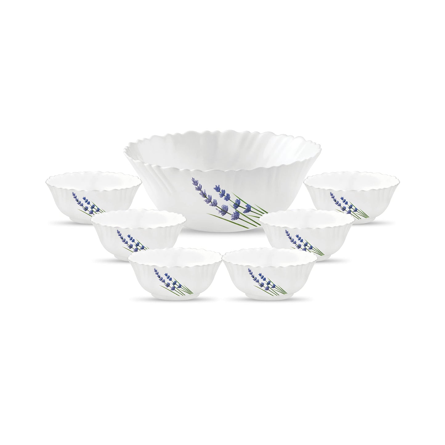La Opala Novo Collection Opal Glass Crockery | Gift Set of 7 | Pudding Set 7 pcs Blissfull Green | Bowls for Desserts & Gifting | Microwave Safe | 100% Vegetarian | Extra Strong | Light & White