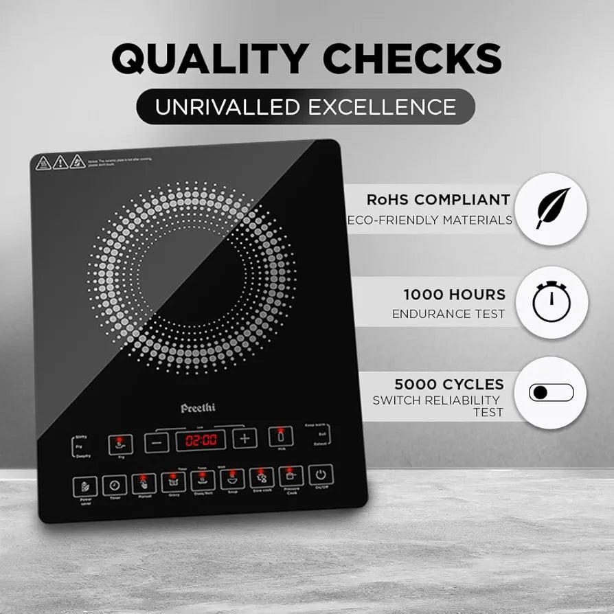 Preethi Indicook IC125 Induction Cooktop, 2100-Watt Electric Stove with Feather Touch Operation and Crystal Glass