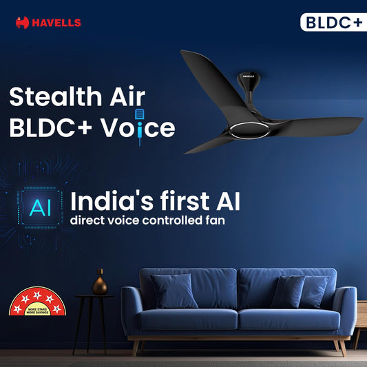 Havells 1200mm Stealth BLDC Ceiling Fan | Voice Controlled, Remote Controlled, High Air Delivery Fan, 5 Star Rated | Upto 60% Energy Saving, 2 Year Warranty | (Pack of 1, Mettalic Black)