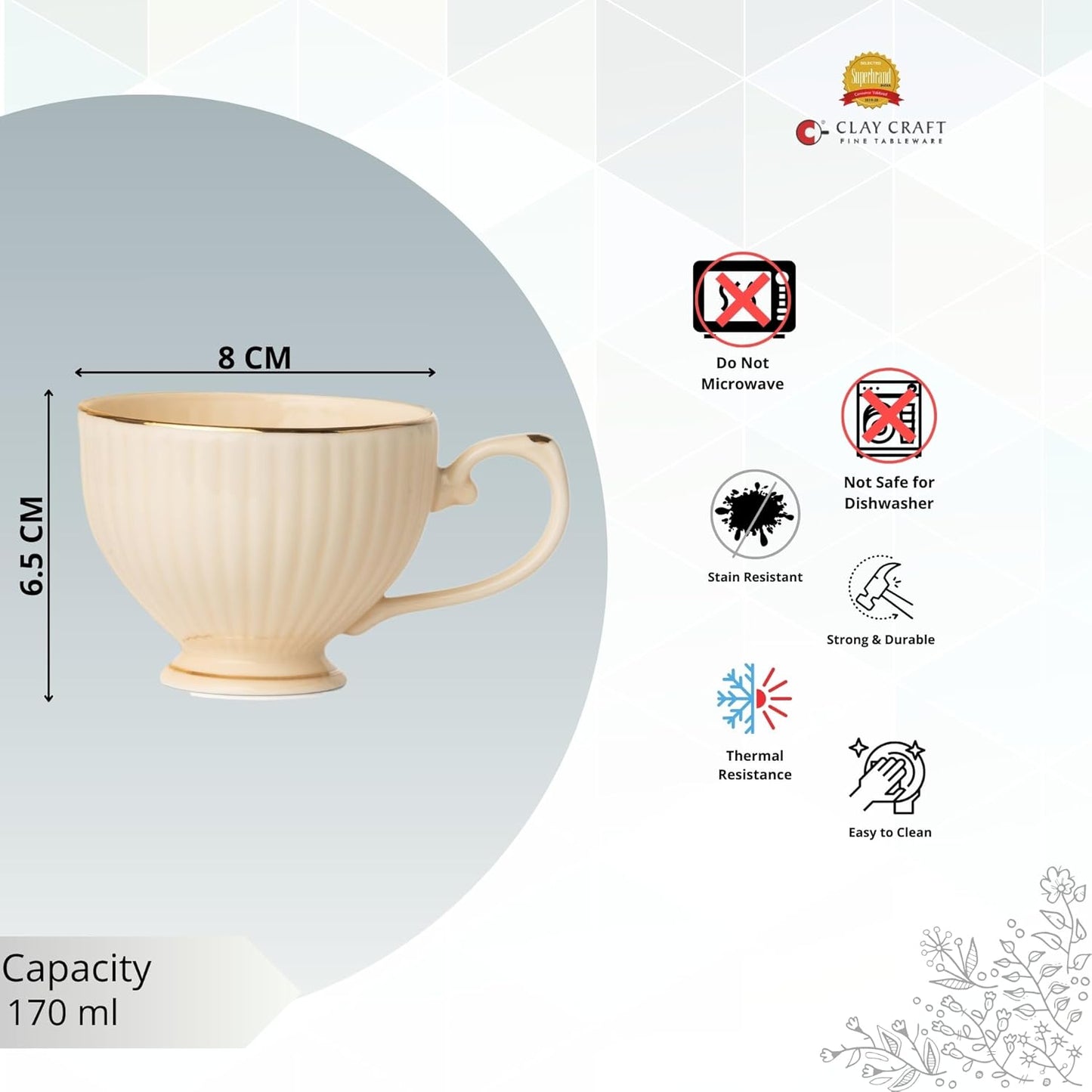 Clay Craft Fine Ceramic Julie Impression Cup & Saucer Set of 12 (6 Cups+6 Saucers)- 170 Ml Each- Elegant Design for Home and Kitchen and Can Be Gifted to Your Loved Ones On Any Occassions (IVORY1401)