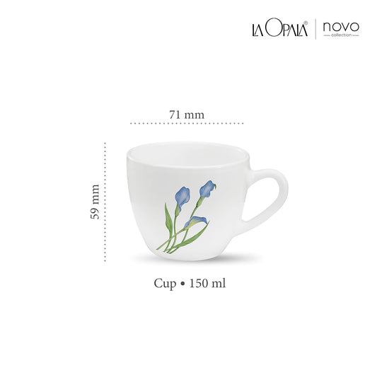 La Opala, Novo Collection Opal Glass Crockery | Cup Lily, Set of 6 | Tender Trio, 150 ml | for Tea & Coffee | Microwave Safe | 100% Vegetarian | Toughened Extra Strong | Super Light | Super White