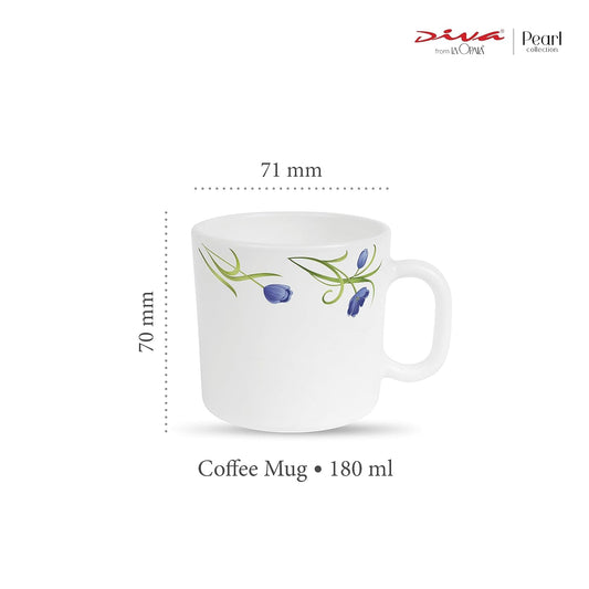 La Opala Diva, Pearl Collection Opal Glass Crockery | Coffee Mug Regular, Set of 6 | Turquoise Trims, 190 ml | for Tea & Coffee | Microwave Safe | 100% Vegetarian | Extra Strong | Super Light & White