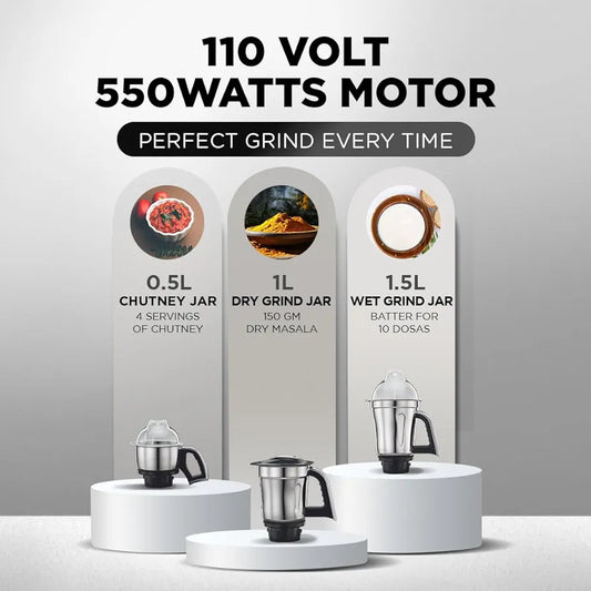 Preethi Steele 110V Mixer Grinder for Kitchen | 3 Jar, 550W Mixie| Perfect for Grinding | Silver/Black - Only use in USA & Canada
