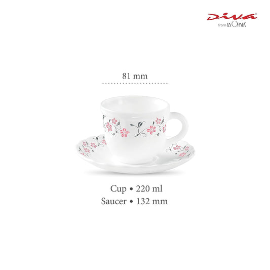 La Opala Diva, Opal Glass Crockery | Cup & Saucer Tulip Large, Set of 12 | Grace Red, 220 ml | for Tea & Coffee | Microwave Safe | 100% Vegetarian | Extra Strong | Super Light | Super White